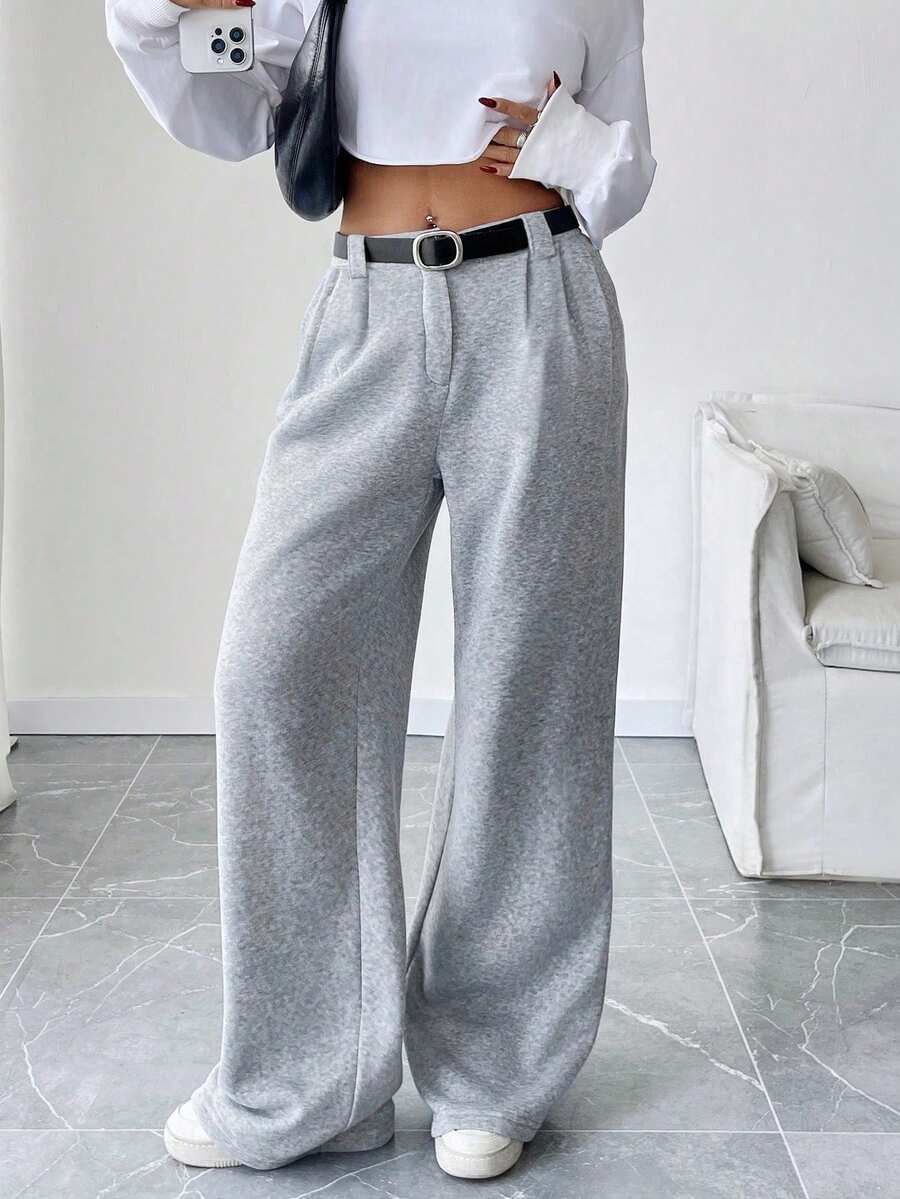 SHEIN LUNE Thermal Lined Pleated Pockets Wide Leg Trousers, Casual/Office Wear, Warm And Fashionable Fall Cloth For Women - Grey - View 1