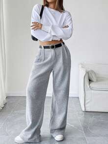SHEIN LUNE Thermal Lined Pleated Pockets Wide Leg Trousers, Casual/Office Wear, Warm And Fashionable Fall Cloth For Women - Grey - View 7