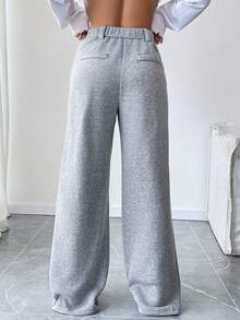 SHEIN LUNE Thermal Lined Pleated Pockets Wide Leg Trousers, Casual/Office Wear, Warm And Fashionable Fall Cloth For Women - Grey - View 2