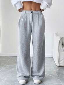 SHEIN LUNE Thermal Lined Pleated Pockets Wide Leg Trousers, Casual/Office Wear, Warm And Fashionable Fall Cloth For Women - Grey - View 5