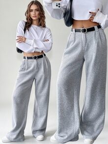 SHEIN LUNE Thermal Lined Pleated Pockets Wide Leg Trousers, Casual/Office Wear, Warm And Fashionable Fall Cloth For Women - Grey - View 3