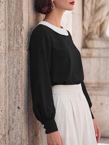 SHEIN Elegant Fashion Commuter Shirt Black Solid Color Minimalist Autumn/Winter Top Versatile - Black - View 5