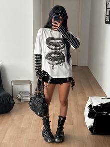 Coolane Women's Fall/Winter Going Out Casual Y2K Goth Punk Streetwear Hip-Hop Graphics White And Black Striped Patchwork Long Sleeve T-Shirt,Couple Costumes - White - View 7