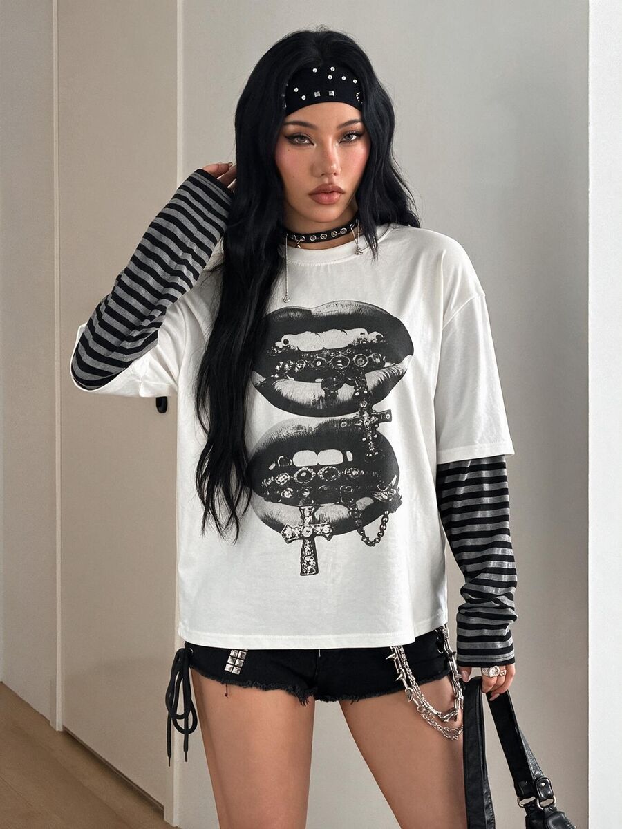 Coolane Women's Fall/Winter Going Out Casual Y2K Goth Punk Streetwear Hip-Hop Graphics White And Black Striped Patchwork Long Sleeve T-Shirt,Couple Costumes - White - View 1
