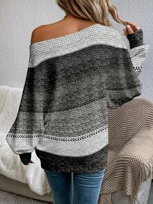 EMERY ROSE Women's Casual Cold Shoulder Sweater, Suitable For Autumn/Winter,Autumn Outfits For Women ,Casual,Winter Clothes,Fall Clothes For Women,Striped Top - Dark Grey - View 3