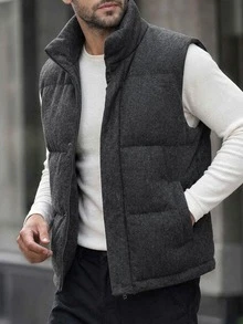 DAZY Dark Gray Stand Collar Thick Padded Vest Jacket Men's Padded Coat - Grey - View 4