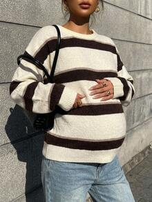 DAZY Contrast Color Striped Loose Long Sleeve Crew Neck Casual Daily Street Vacation Korean Style Autumn/Winter Knit Sweater Maternity - White - View 5