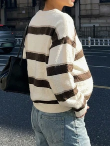 DAZY Contrast Color Striped Loose Long Sleeve Crew Neck Casual Daily Street Vacation Korean Style Autumn/Winter Knit Sweater Maternity - White - View 2