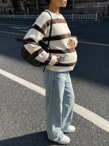 DAZY Contrast Color Striped Loose Long Sleeve Crew Neck Casual Daily Street Vacation Korean Style Autumn/Winter Knit Sweater Maternity - White - View 7