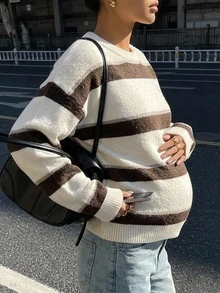 DAZY Contrast Color Striped Loose Long Sleeve Crew Neck Casual Daily Street Vacation Korean Style Autumn/Winter Knit Sweater Maternity - White - View 3