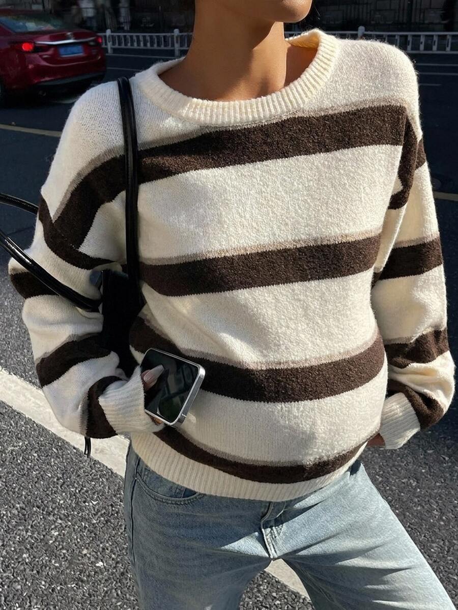 DAZY Contrast Color Striped Loose Long Sleeve Crew Neck Casual Daily Street Vacation Korean Style Autumn/Winter Knit Sweater Maternity - White - View 1