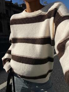 DAZY Contrast Color Striped Loose Long Sleeve Crew Neck Casual Daily Street Vacation Korean Style Autumn/Winter Knit Sweater Maternity - White - View 4
