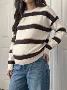 DAZY Contrast Color Striped Loose Long Sleeve Crew Neck Casual Daily Street Vacation Korean Style Autumn/Winter Knit Sweater Maternity - White - View 6