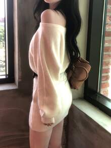 DAZY Women's Solid Color Asymmetrical Shoulder Long Sleeve Sweater Dress, Autumn/Winter - Beige - View 4