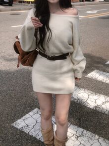 DAZY Women's Solid Color Asymmetrical Shoulder Long Sleeve Sweater Dress, Autumn/Winter - Beige - View 1