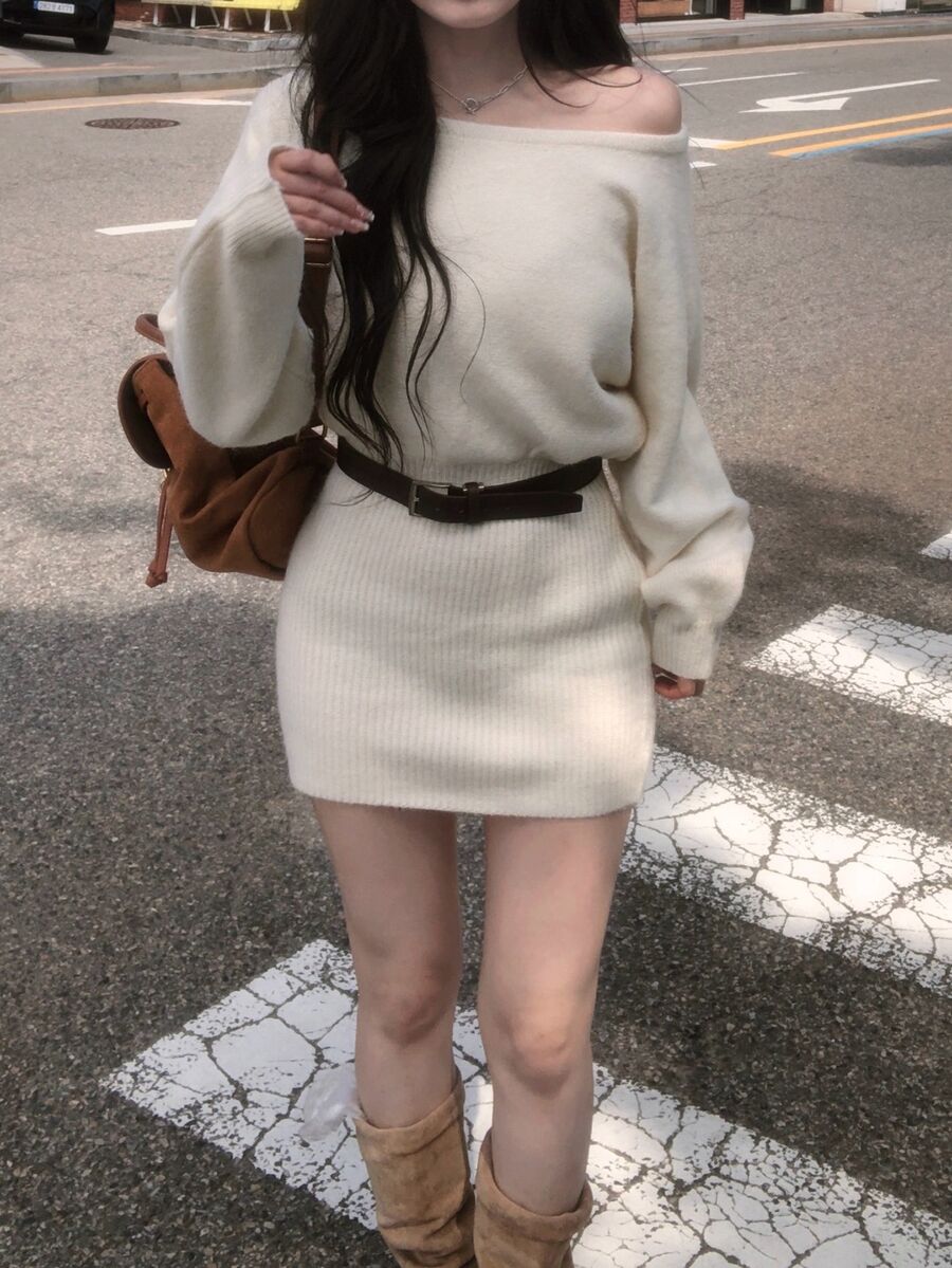 DAZY Women's Solid Color Asymmetrical Shoulder Long Sleeve Sweater Dress, Autumn/Winter - Beige - View 1