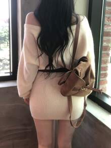 DAZY Women's Solid Color Asymmetrical Shoulder Long Sleeve Sweater Dress, Autumn/Winter - Beige - View 5