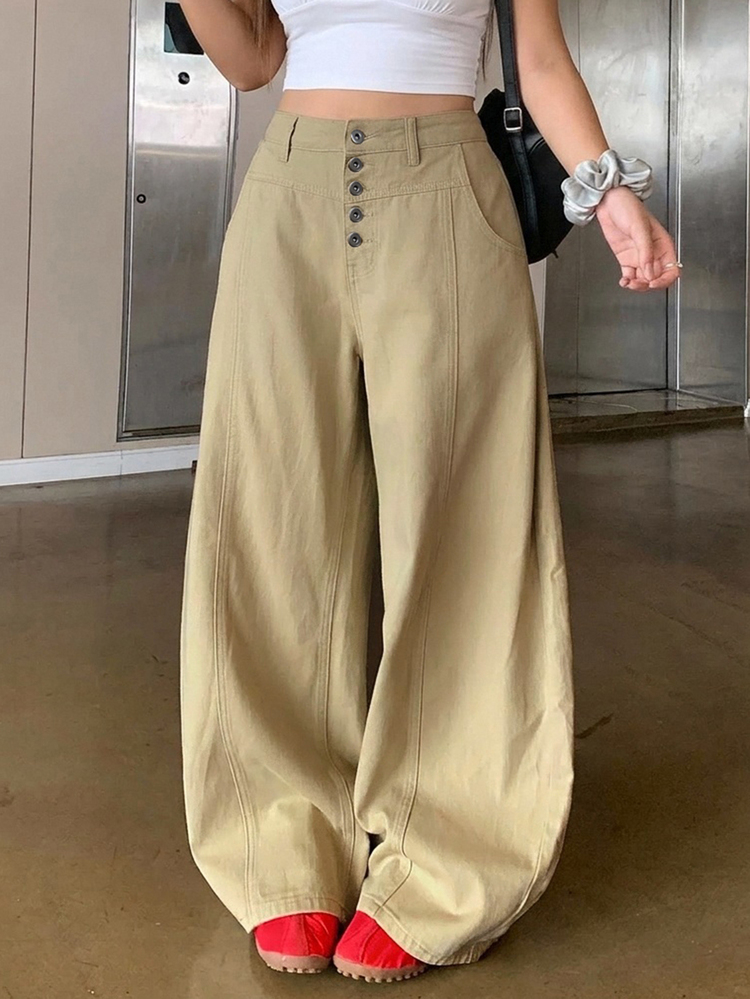 Dazy Plus Casual Loose Wide Leg Curved Hem Multi-Button Spring Autumn New Denim Jeans - Khaki - View 4