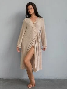 DAZY Women's Solid Color Contrast Lace Side Waist Tie Elegant Nightgown Fall - Apricot - View 6