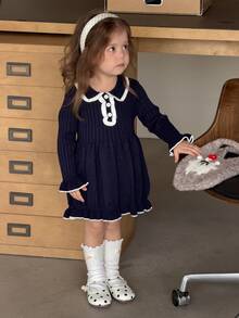 DAZY Infant/Toddler (Girl) Colorblock Collar Sweater Dress, Autumn/Winter - Navy Blue - View 3