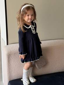DAZY Infant/Toddler (Girl) Colorblock Collar Sweater Dress, Autumn/Winter - Navy Blue - View 6