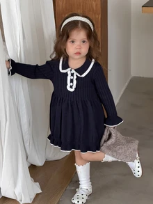 DAZY Infant/Toddler (Girl) Colorblock Collar Sweater Dress, Autumn/Winter - Navy Blue - View 5