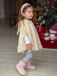 DAZY Infant (Girl) Cute Hooded Knitted Cape Cardigan, Autumn/Winter - Apricot - View 3