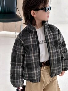 Dazy Kids Young Boy Simple Versatile Plaid Zipper Long Sleeve Padded Coat, College Style Winter - Black - View 3