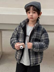 Dazy Kids Young Boy Simple Versatile Plaid Zipper Long Sleeve Padded Coat, College Style Winter - Black - View 9