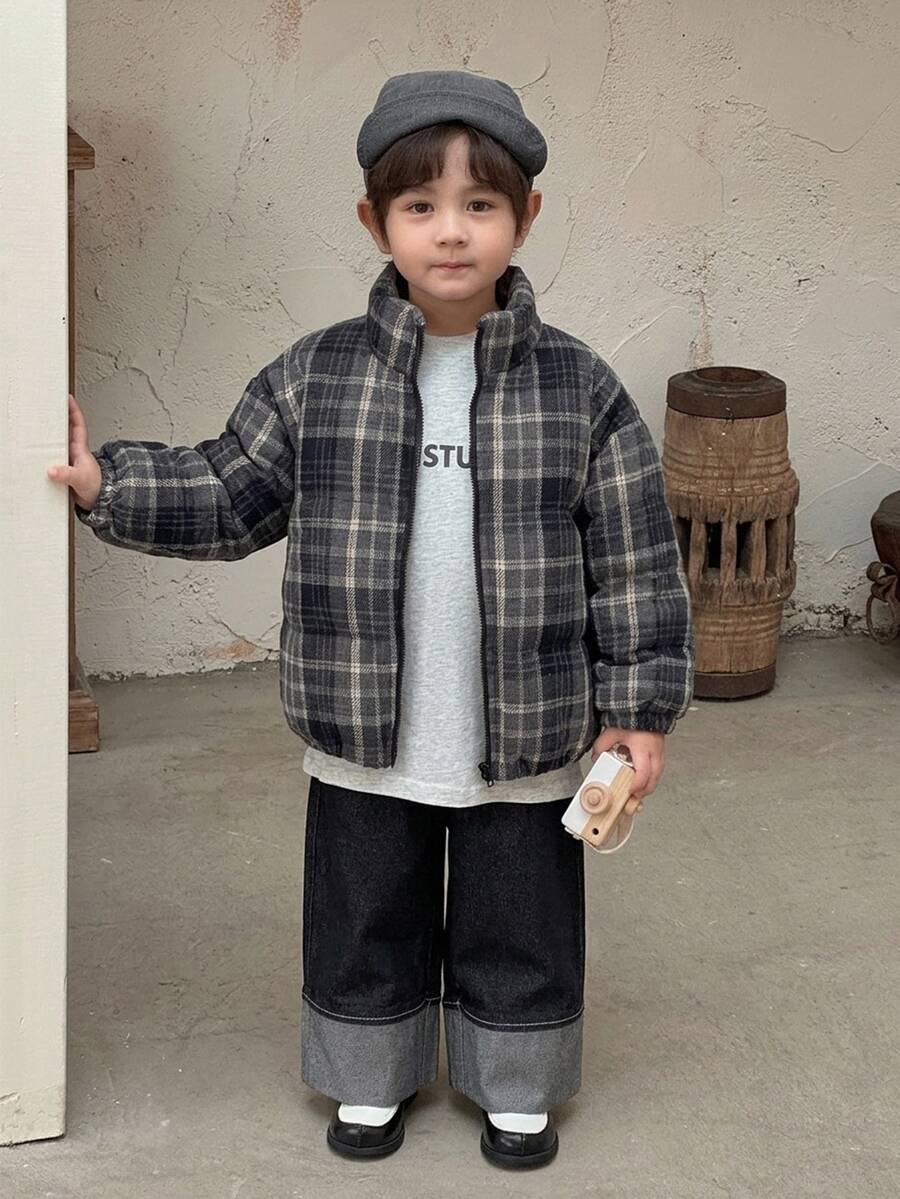 Dazy Kids Young Boy Simple Versatile Plaid Zipper Long Sleeve Padded Coat, College Style Winter - Black - View 1