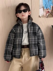 Dazy Kids Young Boy Simple Versatile Plaid Zipper Long Sleeve Padded Coat, College Style Winter - Black - View 10
