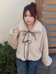 FRIFUL Women's Sweet Korean Style Faux Fur Long Sleeve Tie-Front Jacket Winter - Apricot - View 6