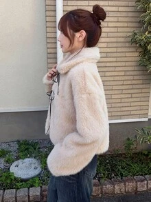 FRIFUL Women's Sweet Korean Style Faux Fur Long Sleeve Tie-Front Jacket Winter - Apricot - View 5