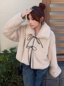 FRIFUL Women's Sweet Korean Style Faux Fur Long Sleeve Tie-Front Jacket Winter - Apricot - View 7