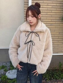 FRIFUL Women's Sweet Korean Style Faux Fur Long Sleeve Tie-Front Jacket Winter - Apricot - View 4