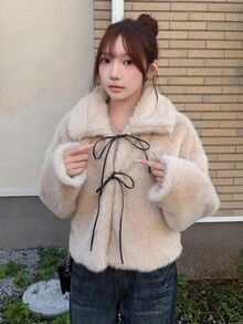 FRIFUL Women's Sweet Korean Style Faux Fur Long Sleeve Tie-Front Jacket Winter - Apricot - View 3