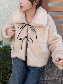 FRIFUL Women's Sweet Korean Style Faux Fur Long Sleeve Tie-Front Jacket Winter - Apricot - View 1