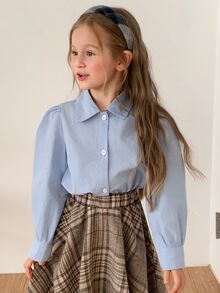 Hapijoa Young Girl Solid Color Casual Versatile Daily Long Sleeve Shirt - Baby Blue - View 4