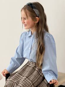 Hapijoa Young Girl Solid Color Casual Versatile Daily Long Sleeve Shirt - Baby Blue - View 5