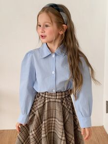 Hapijoa Young Girl Solid Color Casual Versatile Daily Long Sleeve Shirt - Baby Blue - View 9