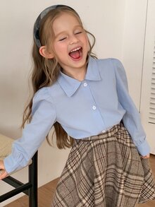 Hapijoa Young Girl Solid Color Casual Versatile Daily Long Sleeve Shirt - Baby Blue - View 7