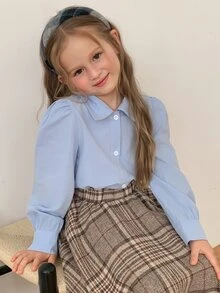 Hapijoa Young Girl Solid Color Casual Versatile Daily Long Sleeve Shirt - Baby Blue - View 8