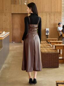 Wynsel Women's Solid Color PU Leather Elegant Fashion Spaghetti Strap Dress - Brown - View 2