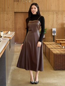 Wynsel Women's Solid Color PU Leather Elegant Fashion Spaghetti Strap Dress - Brown - View 5
