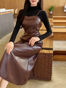 Wynsel Women's Solid Color PU Leather Elegant Fashion Spaghetti Strap Dress - Brown - View 8