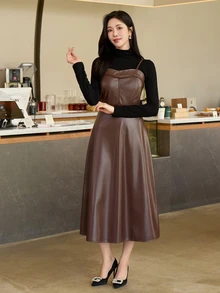 Wynsel Women's Solid Color PU Leather Elegant Fashion Spaghetti Strap Dress - Brown - View 3