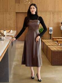 Wynsel Women's Solid Color PU Leather Elegant Fashion Spaghetti Strap Dress - Brown - View 4