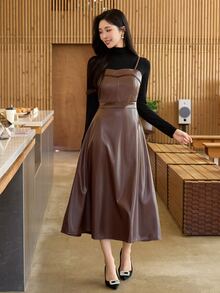 Wynsel Women's Solid Color PU Leather Elegant Fashion Spaghetti Strap Dress - Brown - View 7