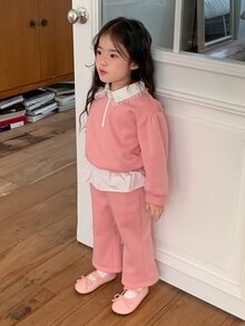DAZY Infant/Toddler (Girl) Collared Long Sleeve Autumn/Winter Korean Style Colorblock Sweatshirt Set - Pink - View 2