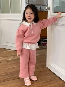 DAZY Infant/Toddler (Girl) Collared Long Sleeve Autumn/Winter Korean Style Colorblock Sweatshirt Set - Pink - View 5